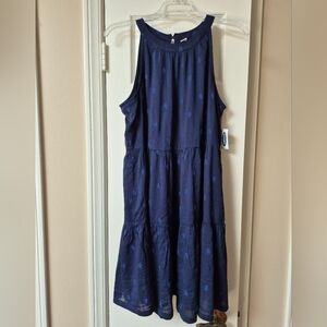 Tiered Blue Lined Sleeveless Swing Dress With Embroidery Size Medium, New W Tags